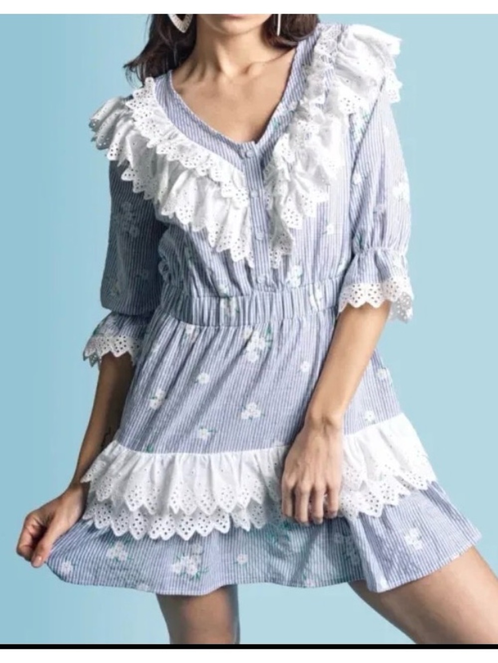 The Shirt by Rochelle Behrens Nicky Striped Eyelet Ruffle Mini Dress M